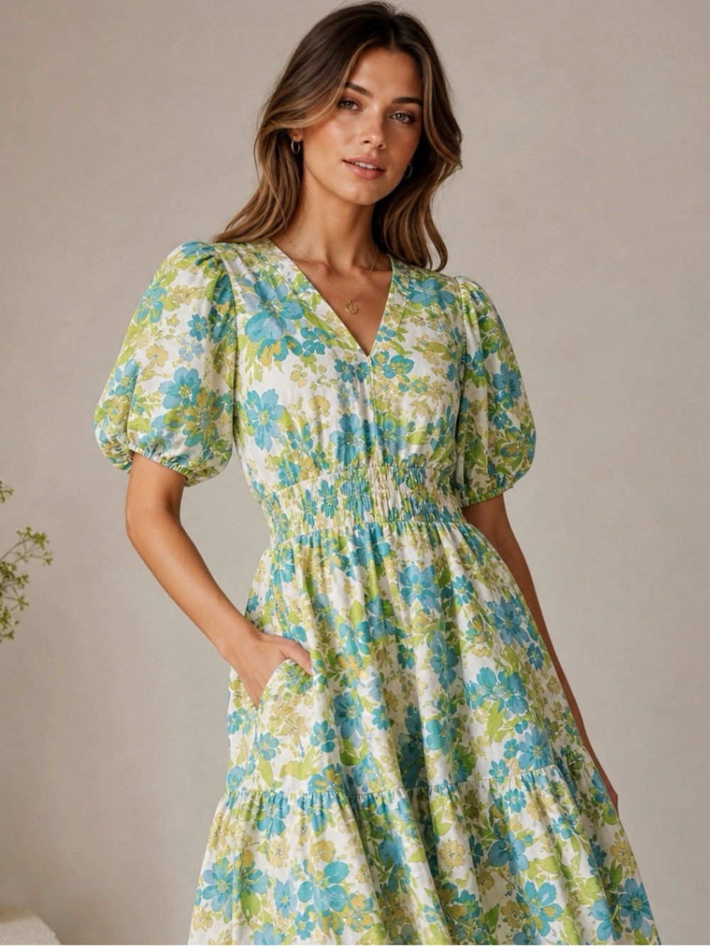Storia size small Floral V-Neck Puff Sleeve Midi Dress in Blue & Green